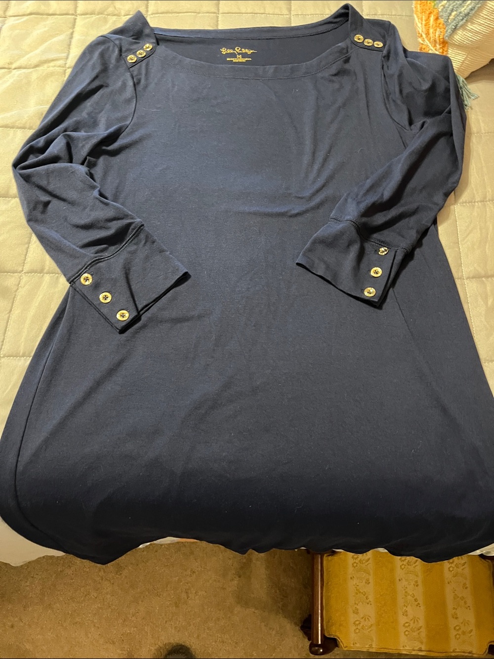 Lilly Pulitzer Navy Long Sleeve Boatneck Top with Gold Buttons